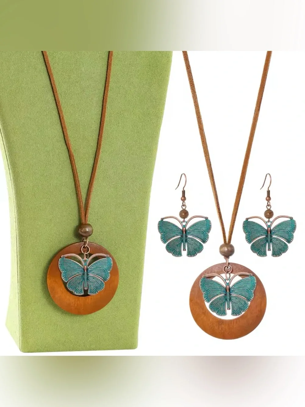 Copper & Teal Butterfly moth leather cord Necklace and Earring Set